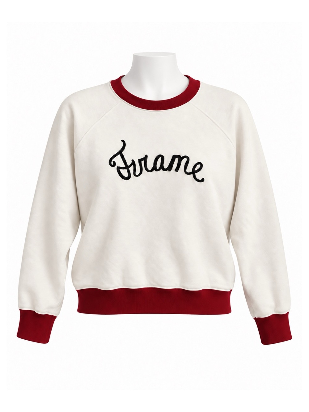 Size S FRAME Women’s Cream Sweatshirt with Burgundy Trim & Embroidered Logo